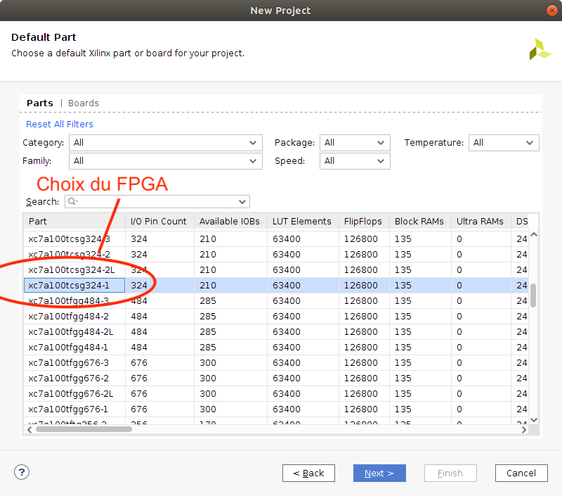 Fenêtre de sélection du FPGA cible.